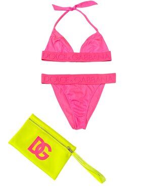 Dolce & Gabbana Hot Pink Logo Jacquard 2-Pieces Bikini Swimsuit